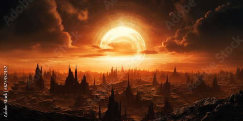 Warm toned dystopian city, dune, sun on the horizon, circular ring shaped explosions in the background