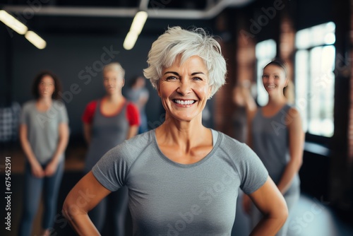 Diverse collection of individuals from different cultures working out in fitness studio. Smiling elder fit woman come to exercise in fitness studio.