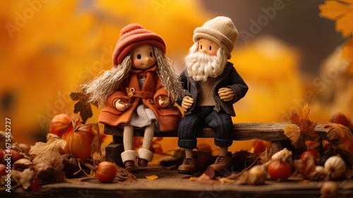 Pair of wool felt puppets, a loving Christmas couple sitting on a bench in autumn. Valentine's Day, birthdays, anniversaries