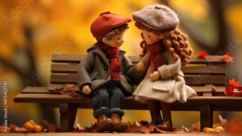 Pair of wool felt puppets, a loving Christmas couple sitting on a bench in autumn. Valentine's Day, birthdays, anniversaries