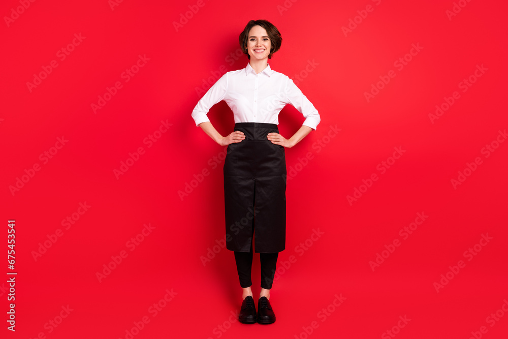 Full size photo of optimistic nice brunette hair lady stand wear shirt pants isolated on red background Full size photo of optimistic nice brunette hair lady stand wear shirt pants isolated on red background