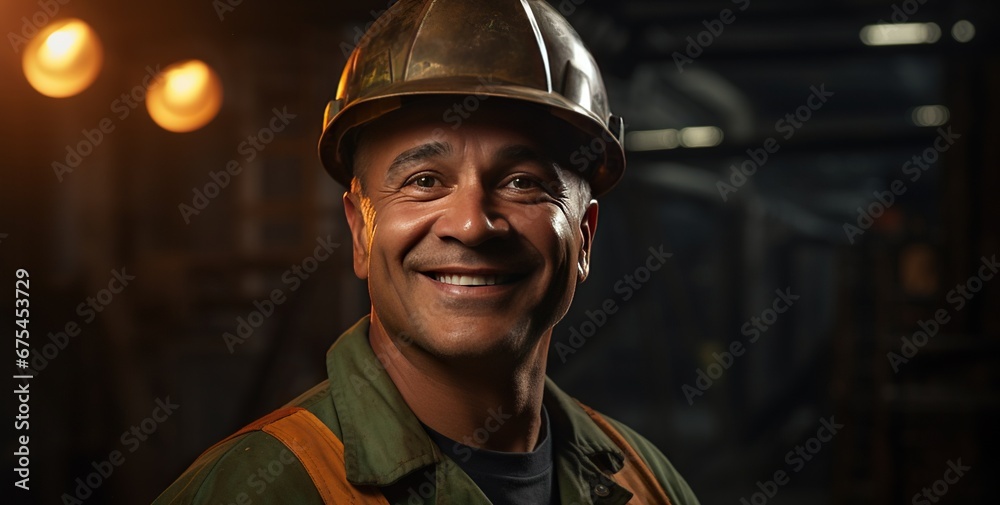 A smiling adult Black man in a helmet and work attire against an industrial interior backdrop. A smiling adult Black man in a helmet and work attire against an industrial interior backdrop.