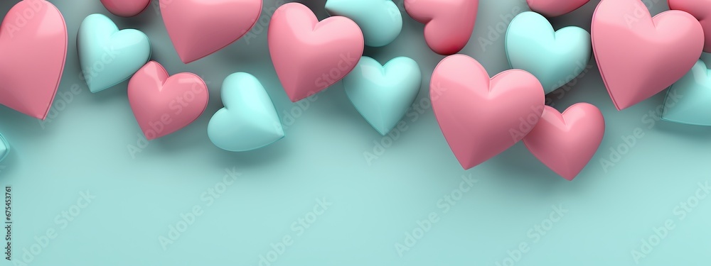 A three-dimensional cluster of hearts in shades of pink and blue, densely packed together on a light blue background. Banner