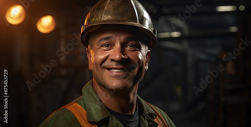 A smiling adult Black man in a helmet and work attire against an industrial interior backdrop.