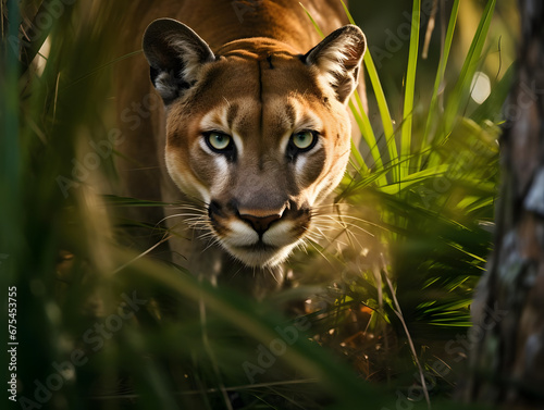 Stealthy Florida Panther in Dense Forest, Generative AI
