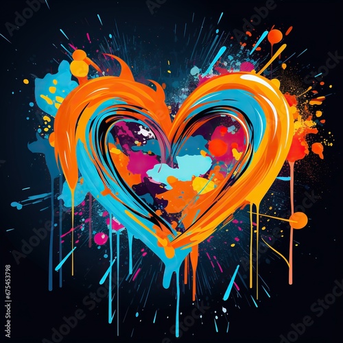 A graphic heart with abstract multicolored splashes on a dark background.