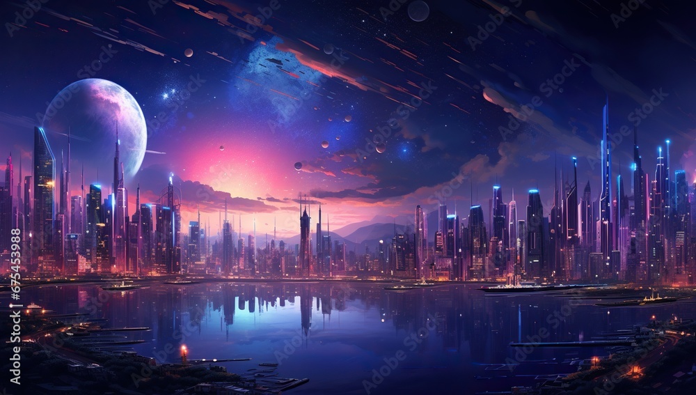 Fototapeta premium An imaginary urban landscape is depicted in pinkish-purple shades of the evening sky with a bright moon, clouds and skyscrapers. 