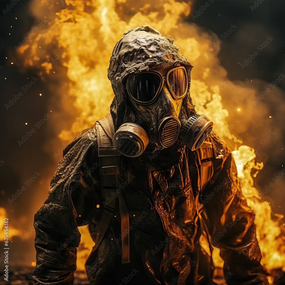 Photo of a Man Wearing a Gas-Mask and Protecting Himself in the middle of Flames during an Apocalypse. City full of Flames during Explosion of the Bombs during the War.
