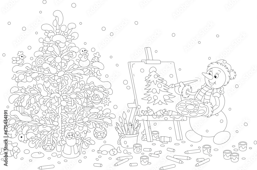 Happy snowman with a shopping cart full of gifts and sweets for merry winter holidays, black and white outline vector cartoon illustration for a coloring book