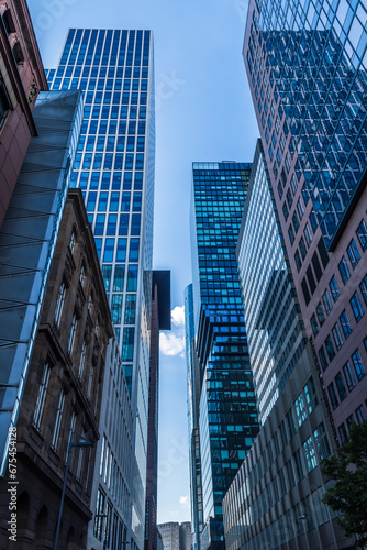 Modern skyscrapers in a financial district, blue colors