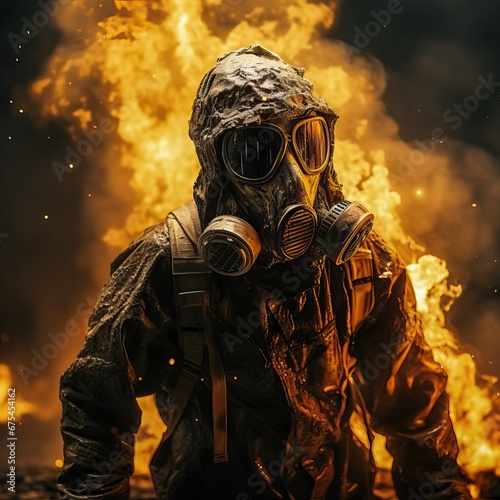 Photo of a Man Wearing a Gas-Mask and Protecting Himself in the middle of Flames during an Apocalypse. City full of Flames during Explosion of the Bombs during the War.