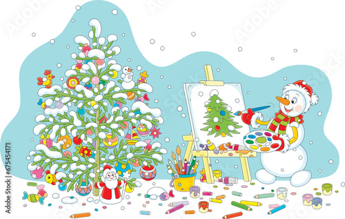 Happy snowman drawing a beautiful green Christmas tree decorated with colorful holiday toys, balls and sweets, vector cartoon illustration