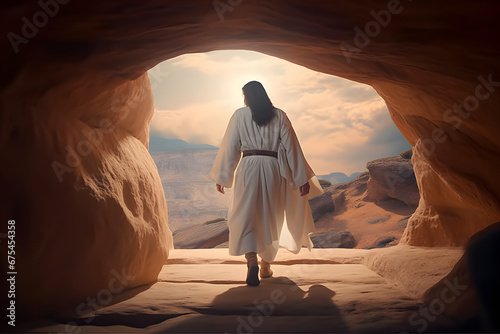 Resurrection Of Jesus at empty tomb during sunrise #675454358