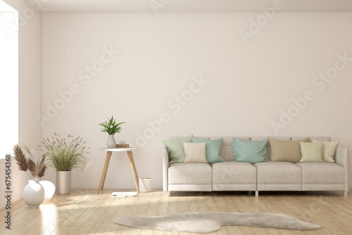 Interior design of modern apartment. Interior mockup. Scandinavian interior design. 3D illustration