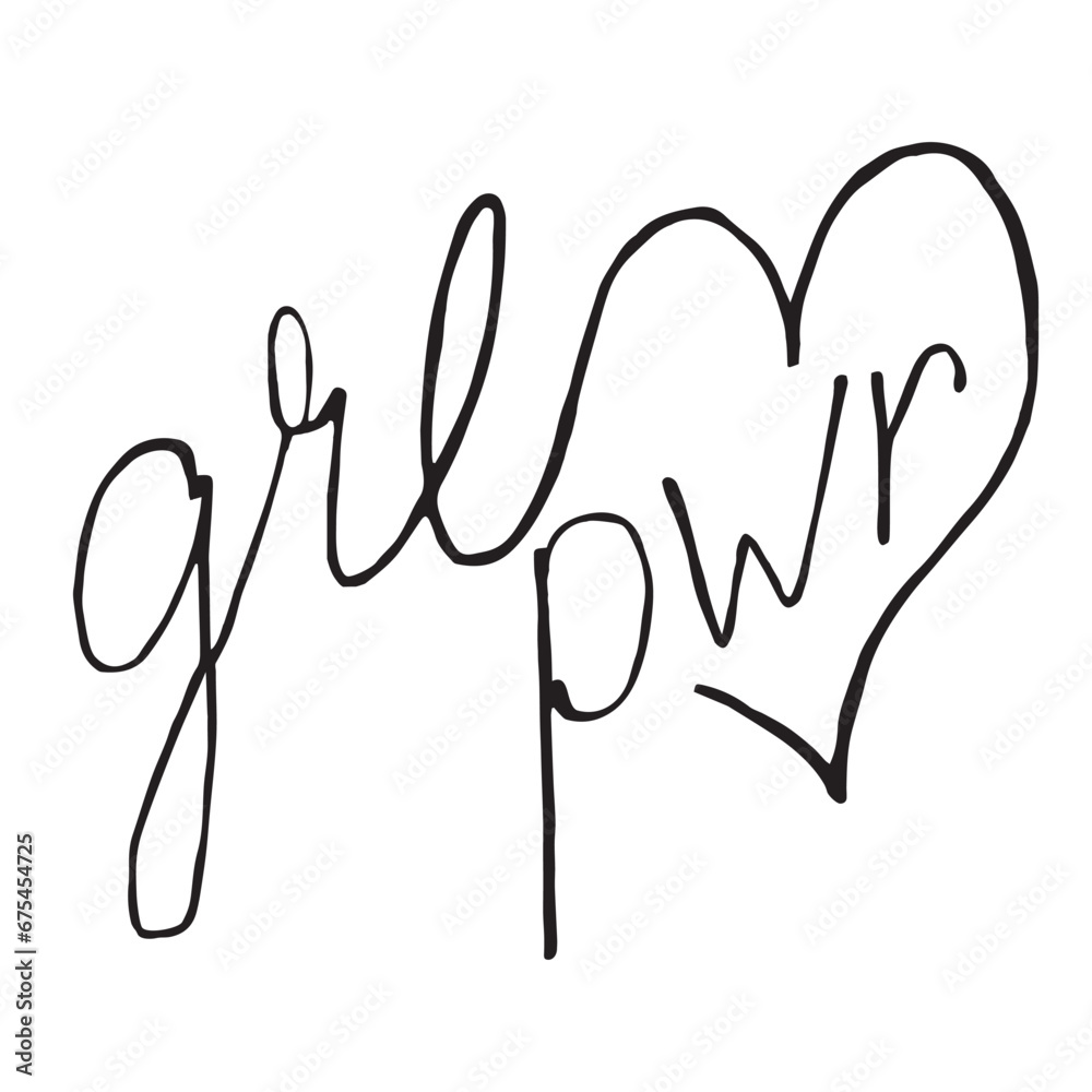 Vector doodle line art girls power, feminism concept.Black and white handwritten word quote Vector doodle line art girls power, feminism concept.Black and white handwritten word quote
