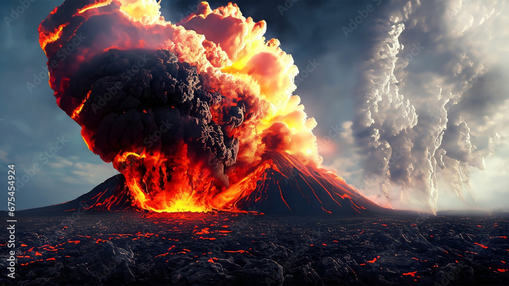 A volcanic eruption spewing lava and ash into the sky by Generative AI ...