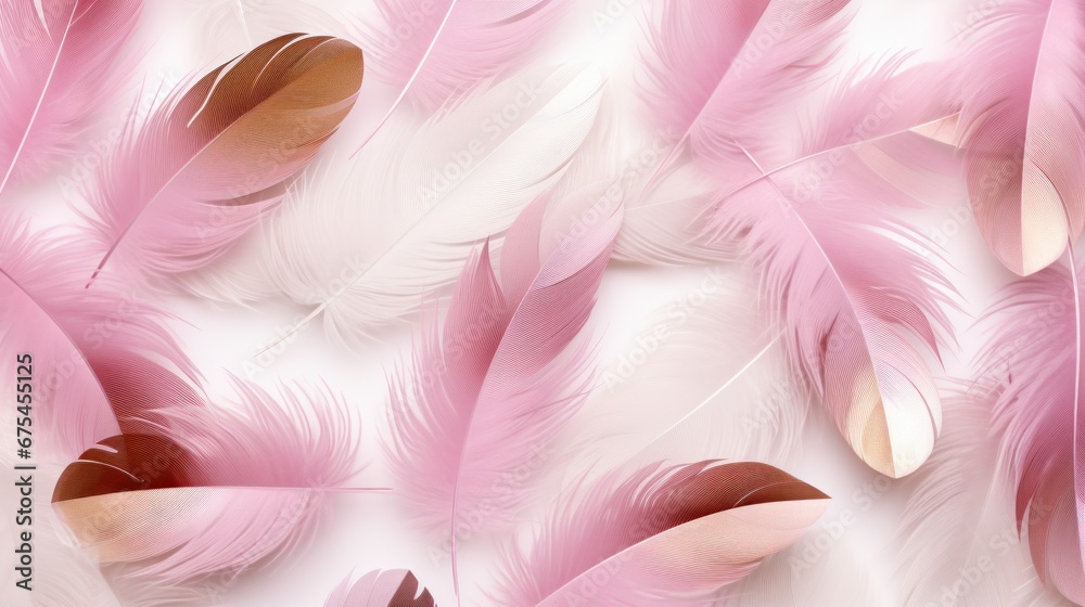 Seamless patterned background for wallpaper with pink-gold fine feather details, on a white background, white background