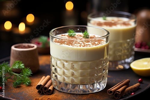 Cinnamon eggnog milk drink with spices and gingerbread