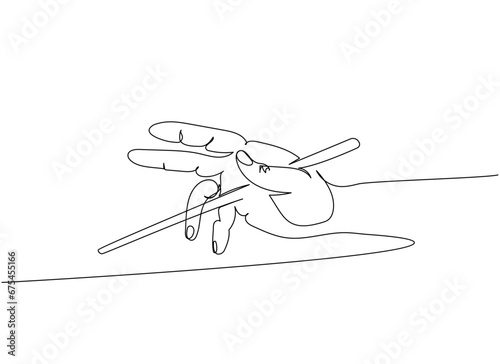 Japanese chopsticks, Food sticks in hand, how to hold chopsticks correctly one line art. Continuous line drawing of sushi, japanese, food, roll, culture, tasty, restaurant, japan, asian, sea, menu