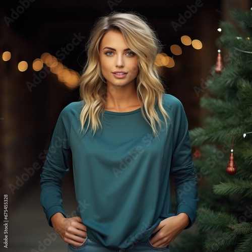Close up Photo of a Fascinating Blonde Model Posing In a Dark Christmast Themed Room Room in Green Clothing.