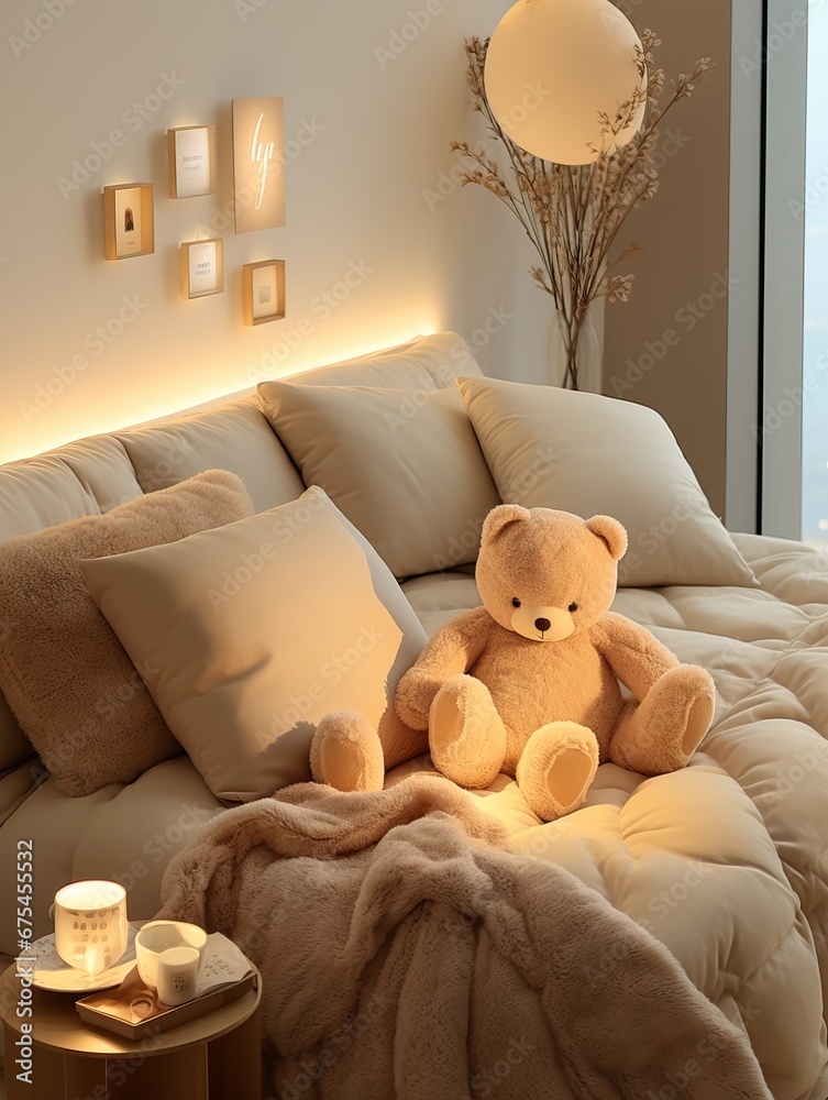 A Photo of a Comfortable Room With a Sofa Bed Filled WIth Cushions and a Very Cute Teddy Bear next to the Window.