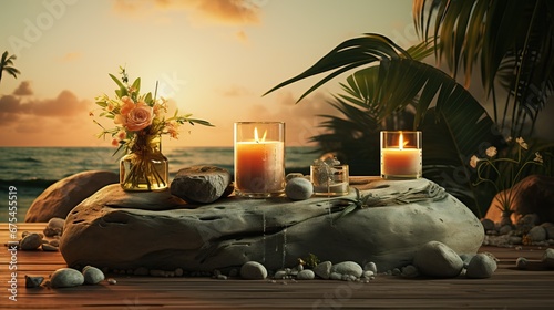 Professional Macro of Lit up Rock Shaoped Candle Placed on a Table With Landscape of the Sky while Sunrise next to some Plants. Tropical Decorations, Hot Summer.