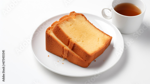 Pound Cake and Cup of Tea on Isolated White Background