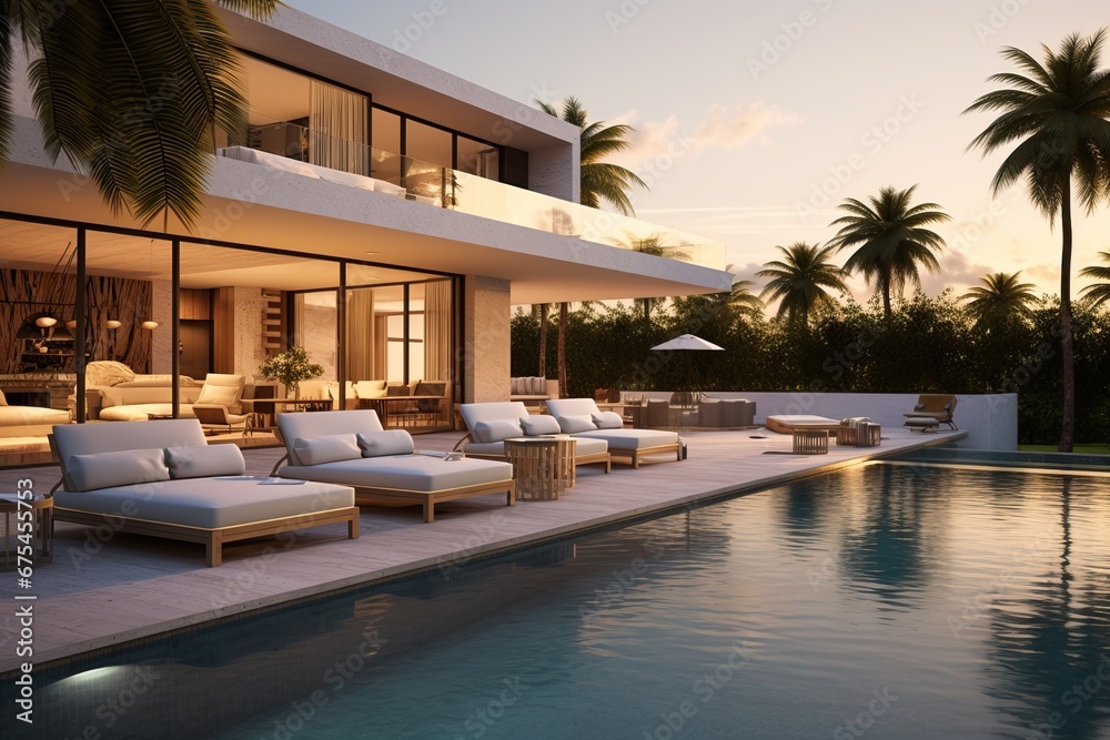 Professional Photo of a Luxurius and Modern Villa with a Huge Pool having a Landscape of the Territory. Picture of a Contemporary House during Sunset. Expensive House.