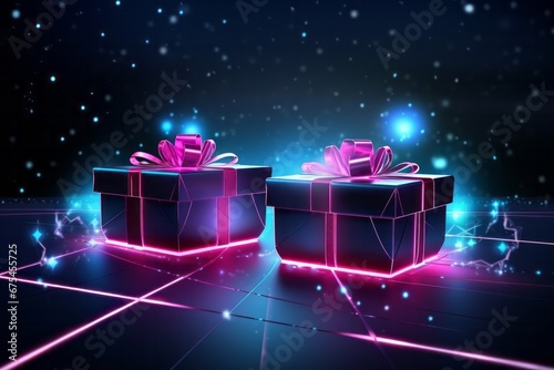 Neon Christmas gift boxes and decorations. Happy New year anniversary or Christmas or happy birthday concept. © soysuwan123