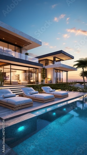 Professional Photo of a Luxurius and Modern Villa with a Huge Pool having a Landscape of the Territory. Picture of a Contemporary House during Sunset. Expensive House.