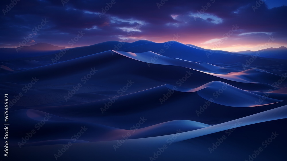 Desert sand dunes under the dark night sky, characterized by deep blues, layered formations, and a distant horizon.