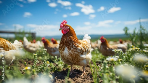 Fototapeta Naklejka Na Ścianę i Meble -  Chicken farm with green grass and clear sky