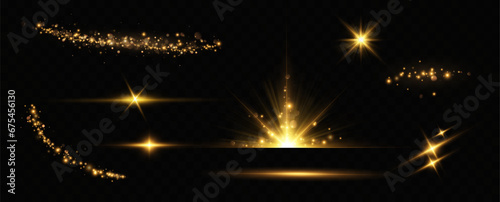 Golden particles of light. Golden light. Light flare.Stars isolated on transparent background.	