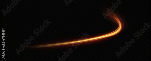  Golden glowing swirl. The effect of moving at the speed of light. Easy trail. Shiny wavy path. Vector.Neon light.