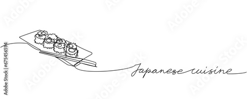 Japanese cuisine, Sushi on sushi slate plate with chopsticks one line art. Continuous line drawing of food, roll, tasty, restaurant, japan, asian, sea, menu with inscription, lettering, handwritten.