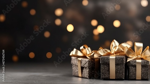 Black gift box with gold ribbon on dark background © Voilla