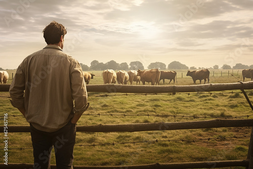 The back view of a big man in cowboy wide brimmed hat and boots stand near a wooden fence while looking at the cow herd in the field. Generative AI. photo