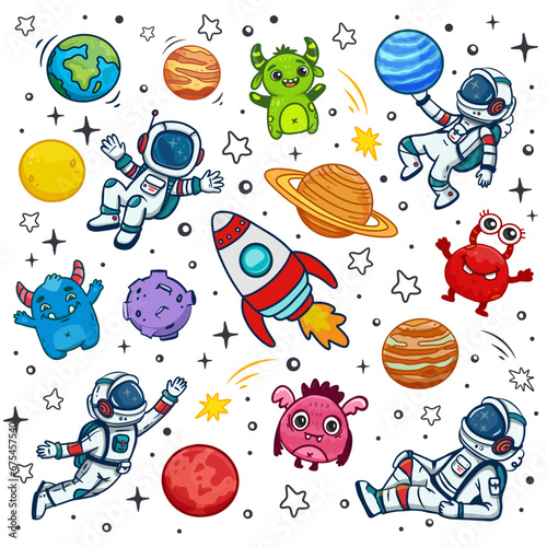 Fototapeta Naklejka Na Ścianę i Meble -  set of cosmos in doodle style: astronaut, planets, stars, rocket and alien, monster for design. Science space exploration. Vector illustration
