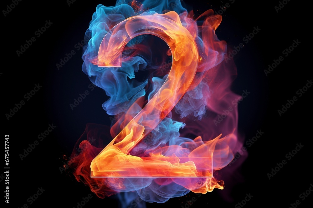 Fototapeta premium Burning Fantasy: A Neon Number Two in 3D Render, Accented with Fiery Red and Orange Cloud Glows on a Transparent Abstract Backdrop