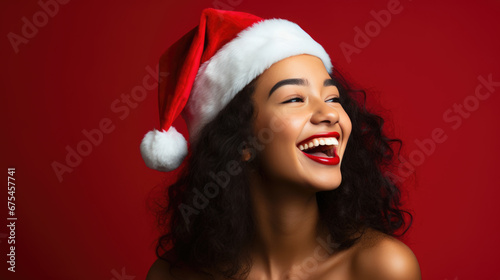 Joyful woman wearing a Santa hat, laughing against a vibrant red background, embodying the festive spirit of Christmas.
