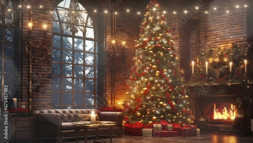 Christmas, Living room with Christmas and New Year decorated red brick wall background classic interior. cartoon or anime watercolor illustration style looping video background