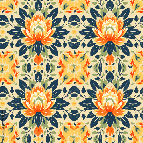 Lotus blossoms and marigolds ikat pattern. For fabric textile texture background wallpaper carpet backdrop.