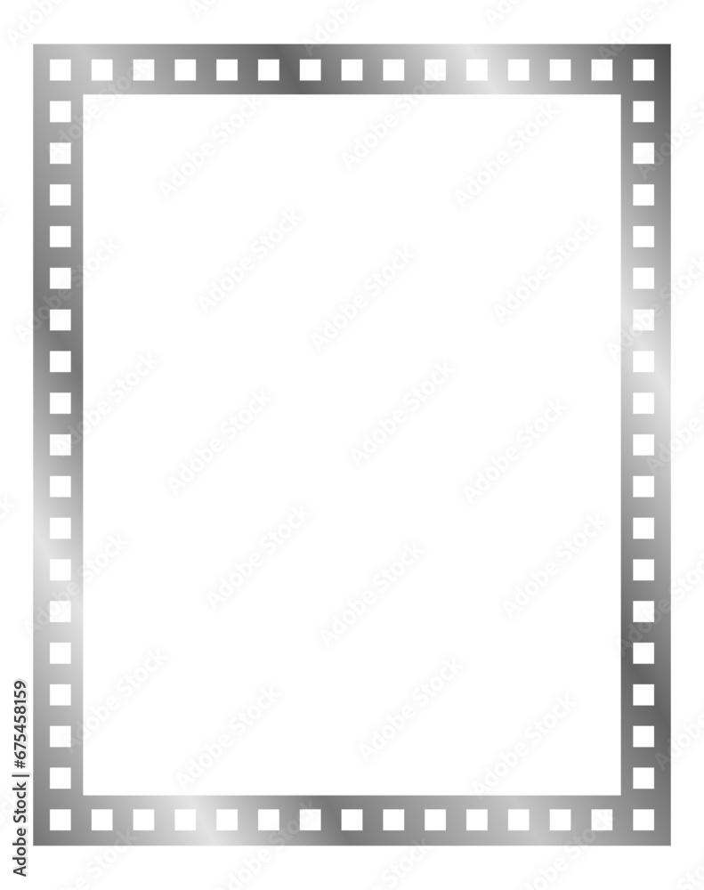 Silver square frame with holes. Film strip frame isolated on white. Vector, metal, gold 