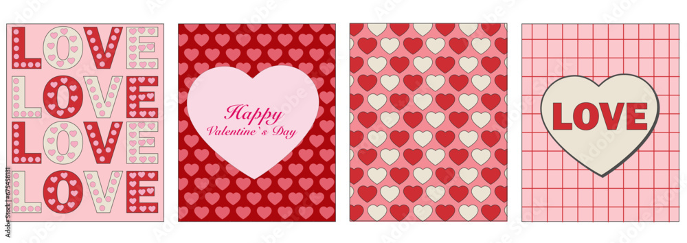Valentines day. Romantic set vector pattern backgrounds. Modern pink and red pattern with hearts. Love concept. Template for poster, banner, invitation, greeting card. Vector illustration