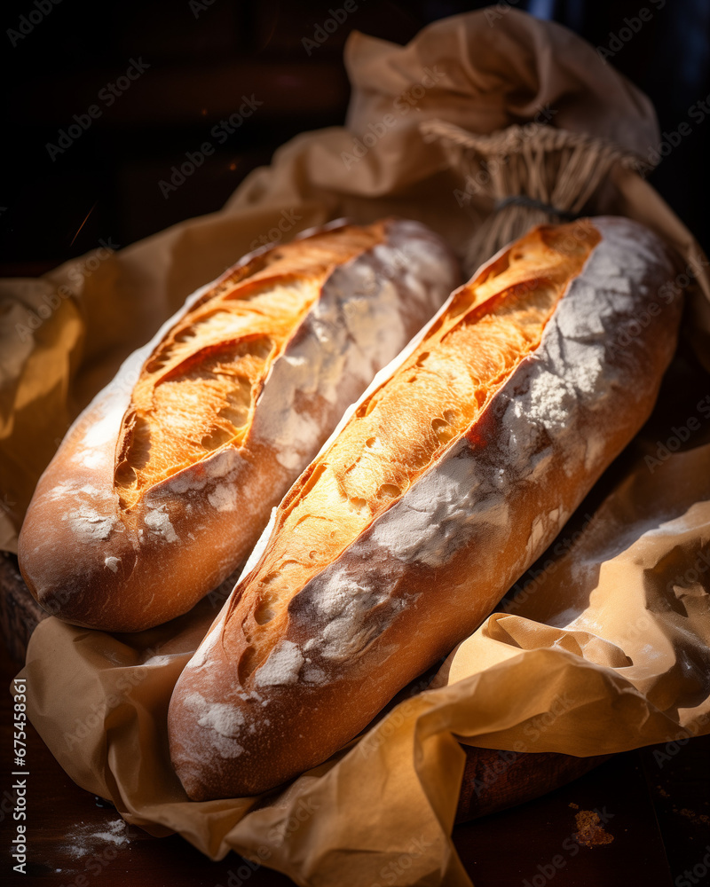 Freshly Baked Baguette, the Crusty Exterior and Soft Interior with Dramatic Side Lighting 
Emphasizing the Aroma and Texture of a loaf of bread on table
