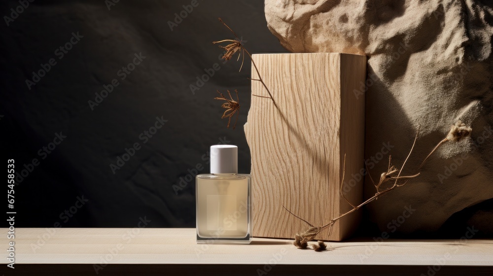 The bottle of perfume sits on top of wooden objects - obrazy, fototapety, plakaty 