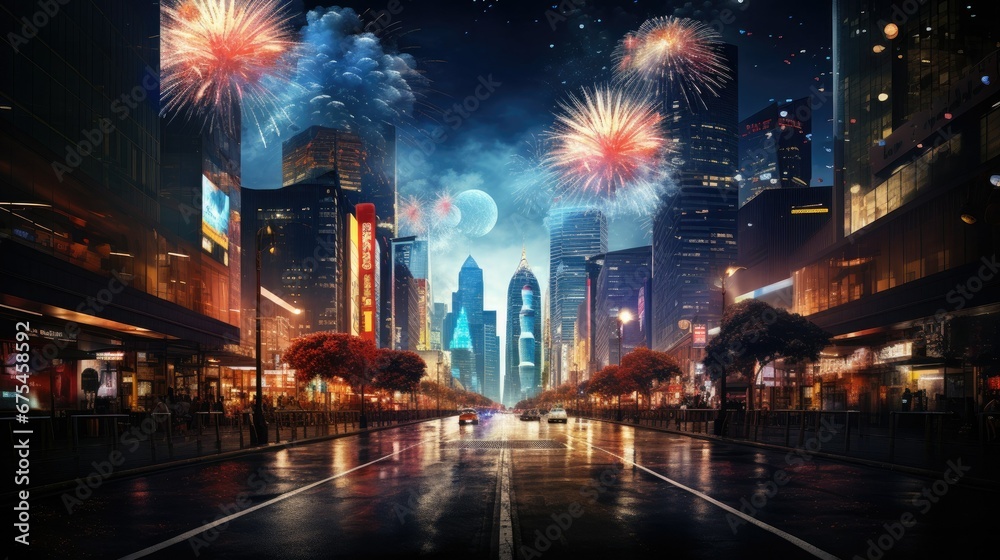 Cityscape with fireworks at night. Happy new year concept.