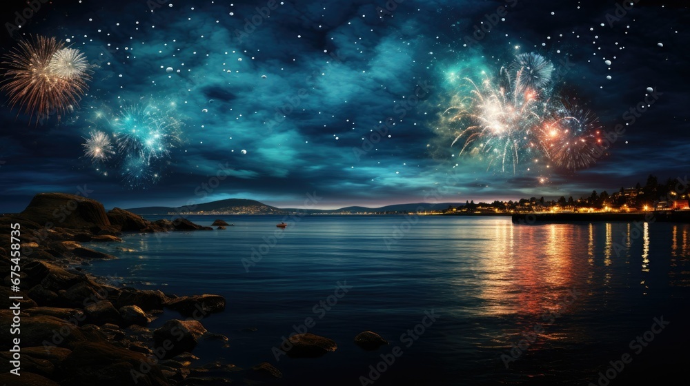 Beautiful fireworks over the sea at night. Happy New year concept.