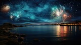 Beautiful fireworks over the sea at night. Happy New year concept.