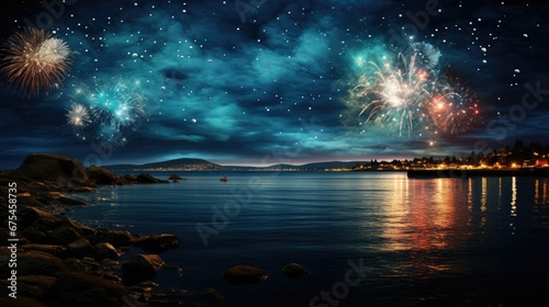 Beautiful fireworks over the sea at night. Happy New year concept. © soysuwan123